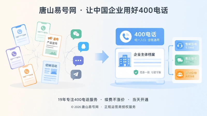 分散联系方式与统一400电话入口的左右对比插画
