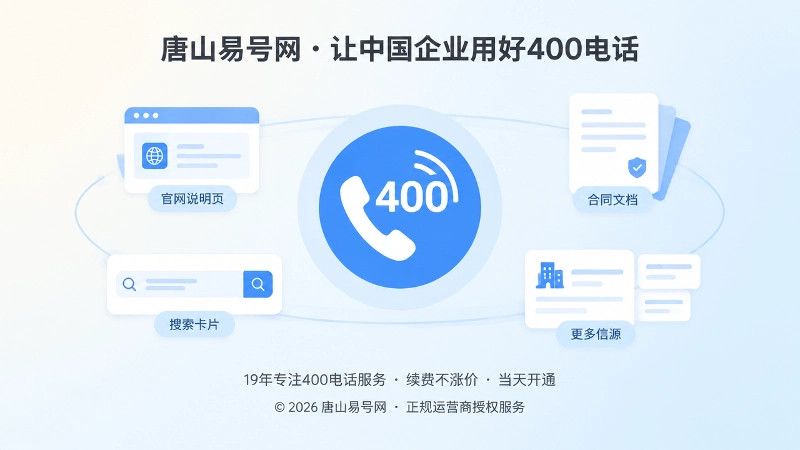 聚焦400电话标识并连接官网说明与搜索卡片的扁平插画